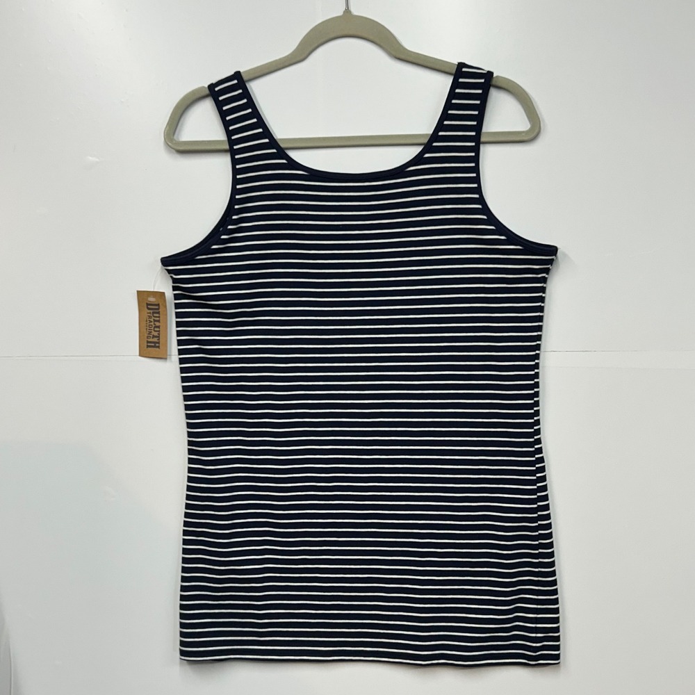 Duluth Trading Co L Womens‎ No-Yank Tank Navy Blue Striped Sleeveless Top NWT - Picture 2 of 6
